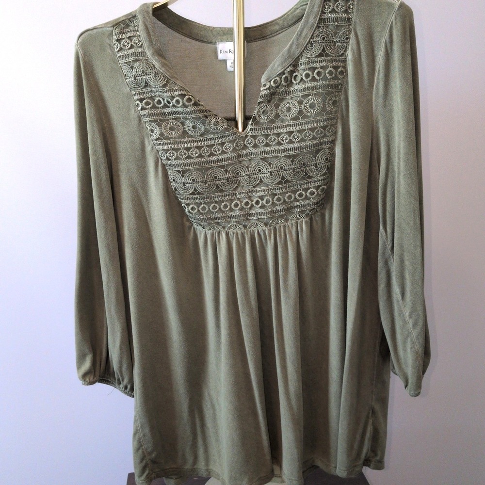 Kim Rogers Blouse Womens XL Olive Green Crochet Lace Boho Peasant Top 3/4 Sleeve